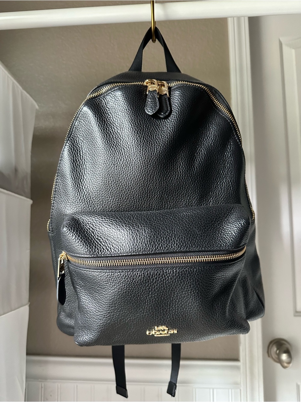 Coach Black Pebbled Leather Backpack with Gold Zippers